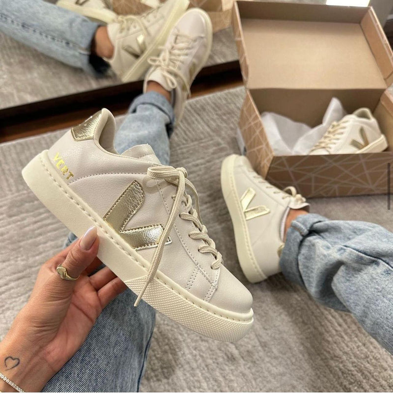 Tênis Casual Feminino  Cadarço-Bege Dourado LUXO
